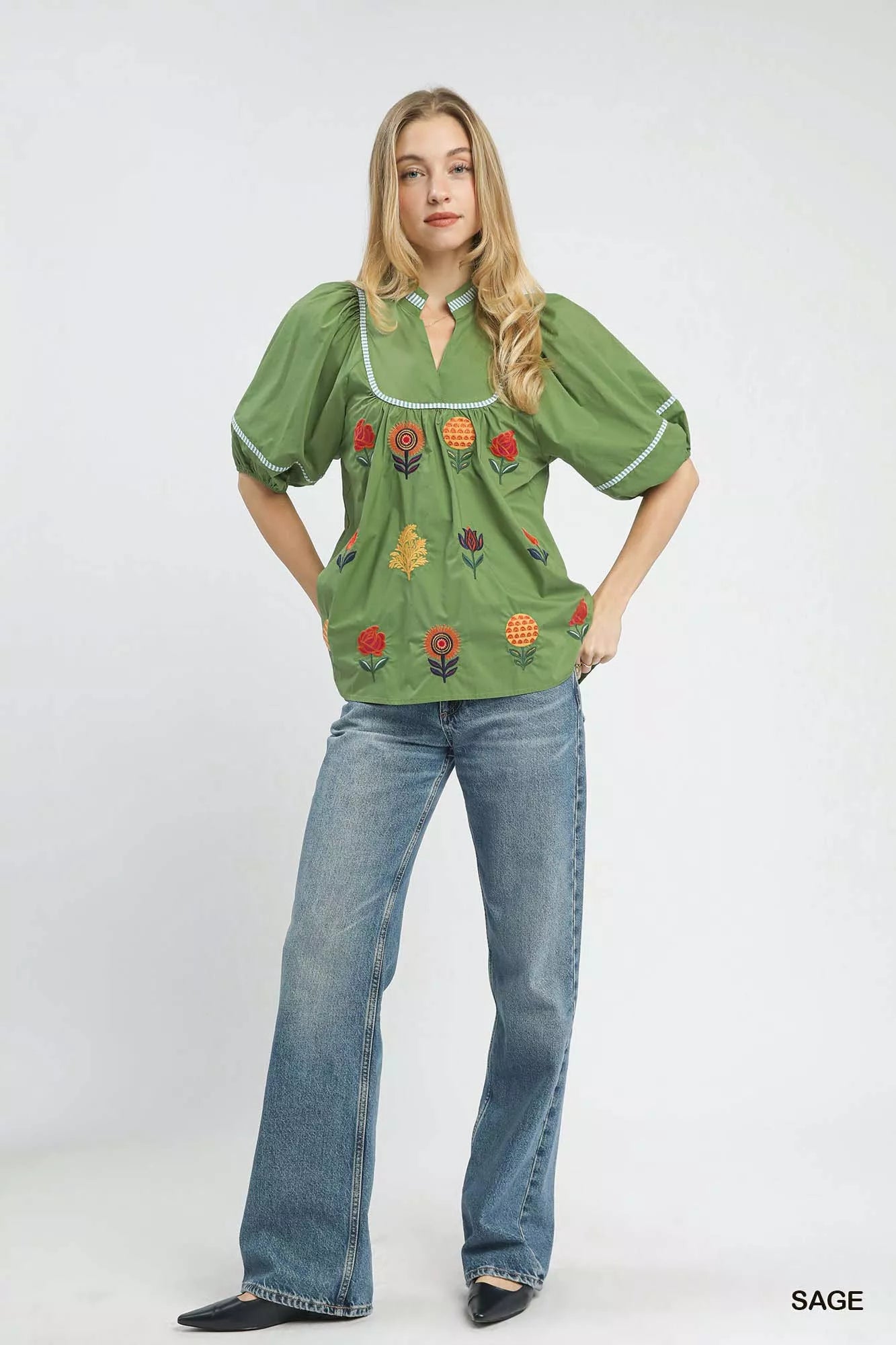 Umgee Embroidered Floral Puff Sleeve Top OutfitFlow