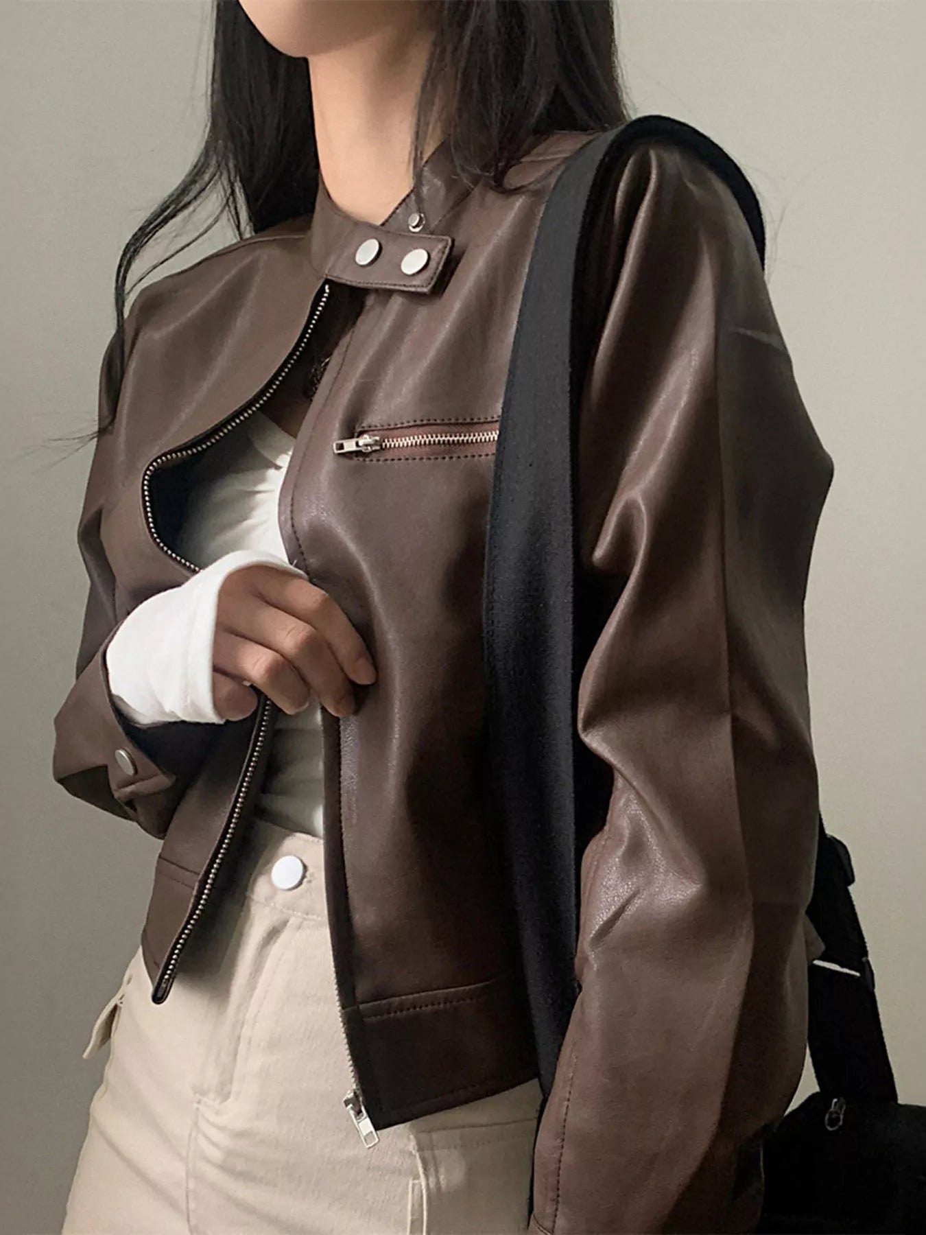 Cropped Zip Up Leather Jacket Trendsi