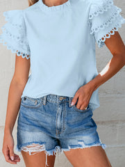 Layered Ric Rac Short Sleeve Filled Neck Blouse OutfitFlow