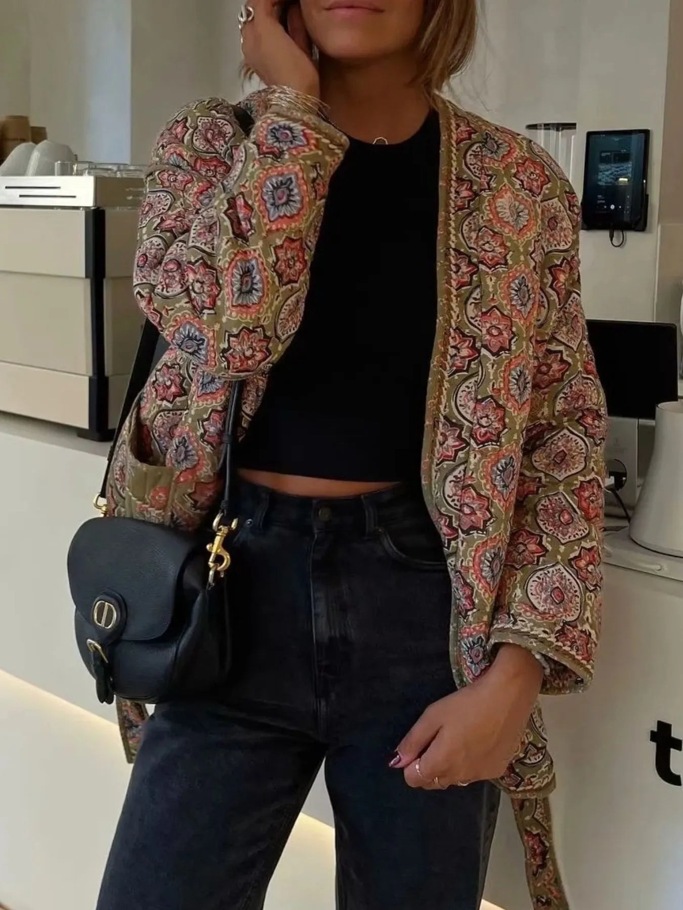 Belted Open Front Floral Winter Coat Trendsi