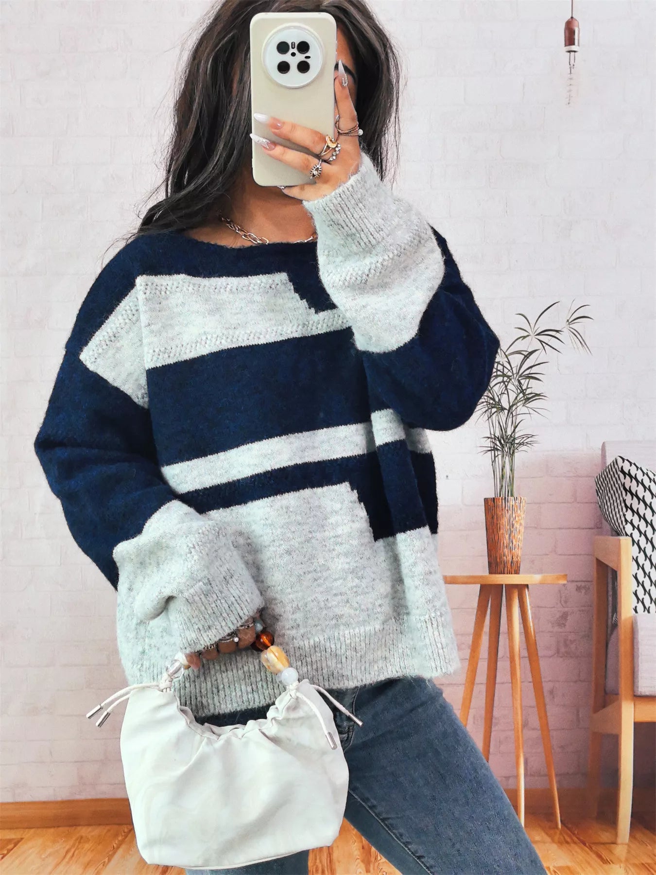 Color Block Round Neck Sweater OutfitFlow