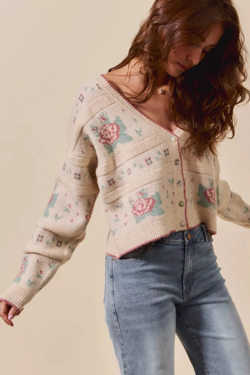 SO ME Floral Pattern Long Sleeve Button Sweater Cardigan OutfitFlow