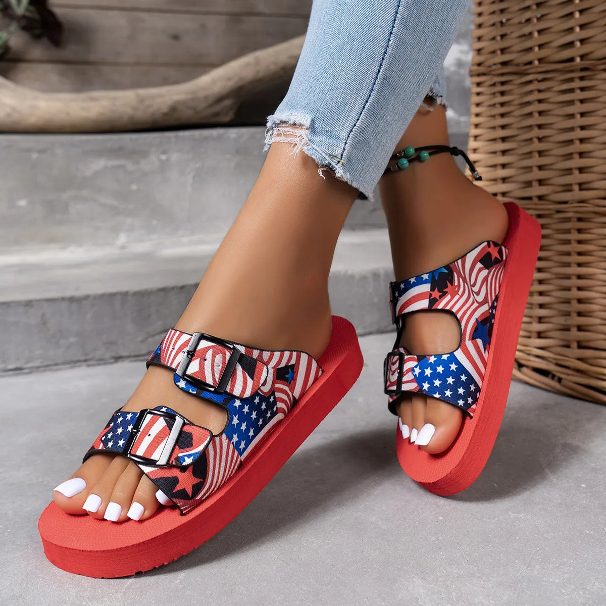 American Flag Patriotic Double Strap Sandals OutfitFlow