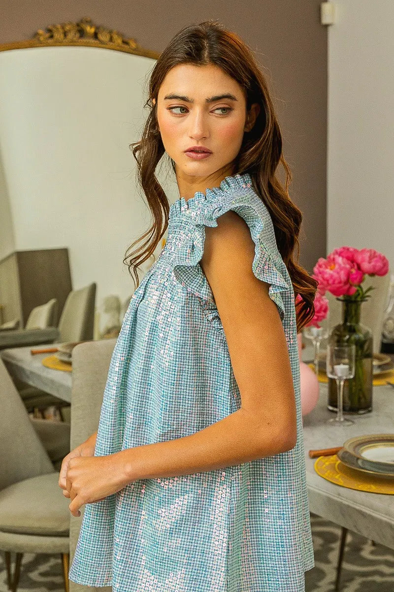 BiBi Clear Sequin All-over Gingham Smocked Top OutfitFlow