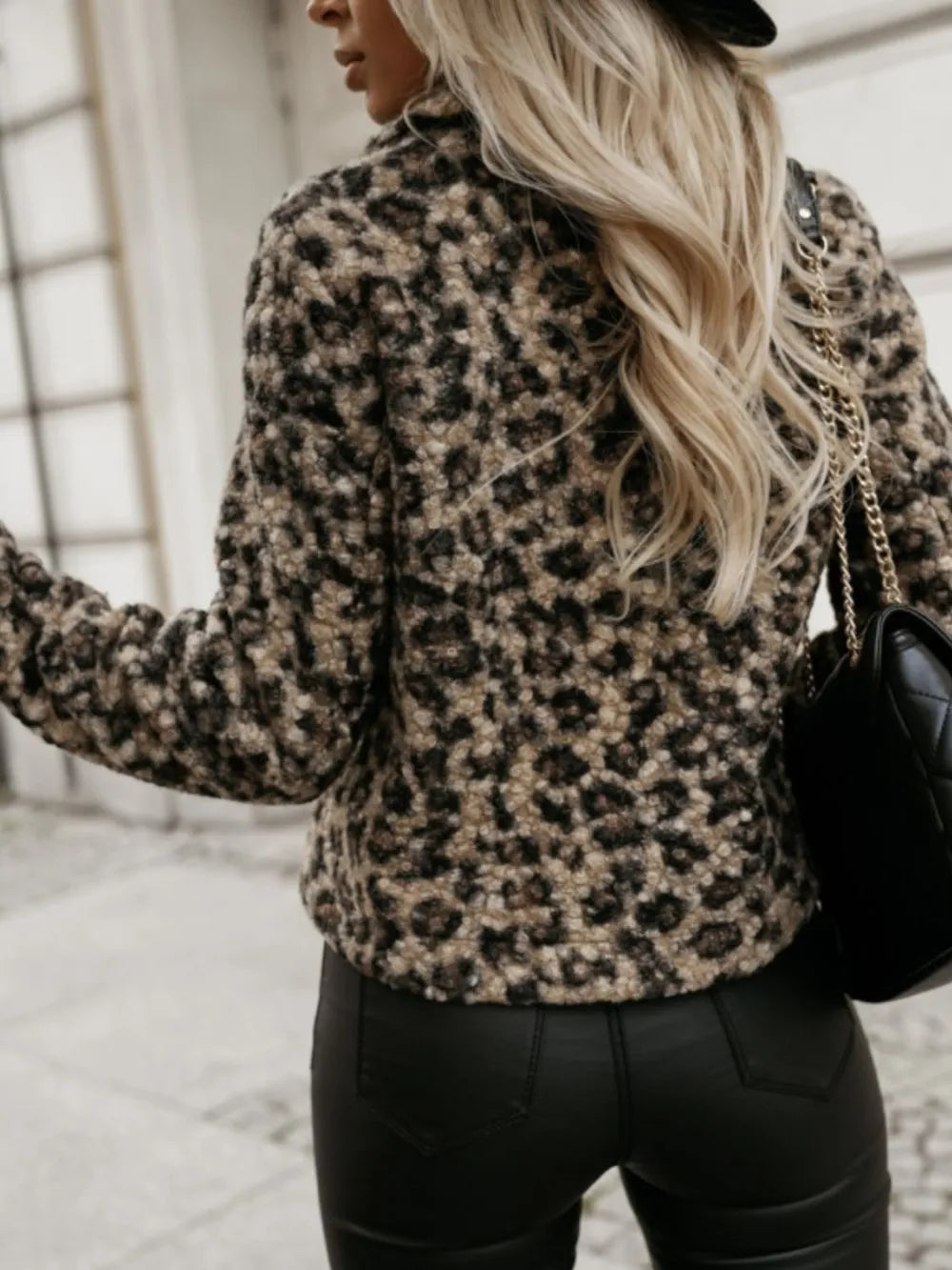 Fuzzy Animal Print Collared Neck Coat Trendsi