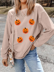 Halloween Pumpkin Drop Shoulder Sweatshirt Dust Storm OutfitFlow