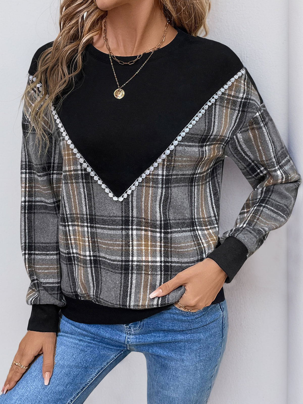 Outfit Flow - Perfee Plaid Round Neck Long Sleeve Sweatshirt