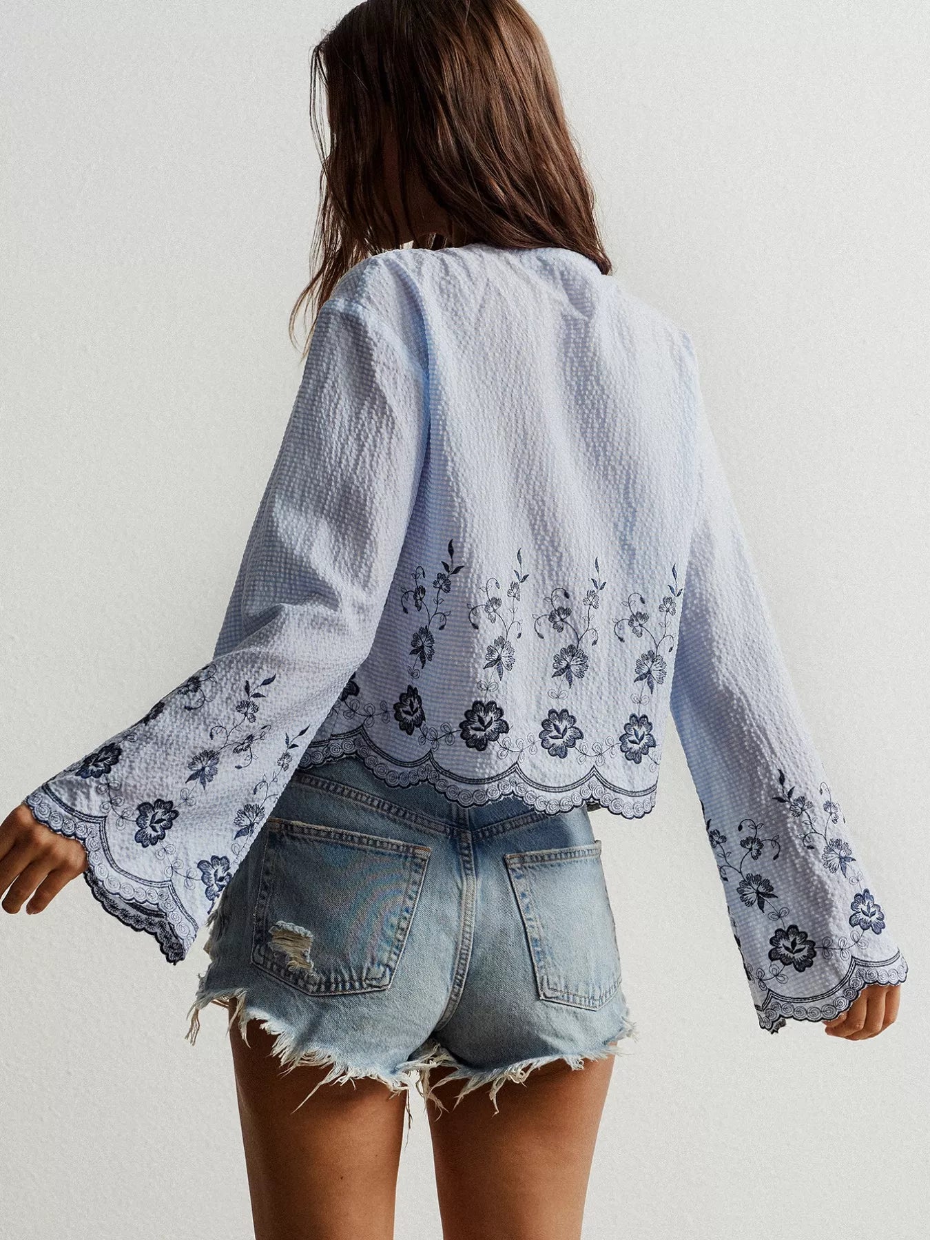 Floral Embroidered Tie-Front Blouse OutfitFlow