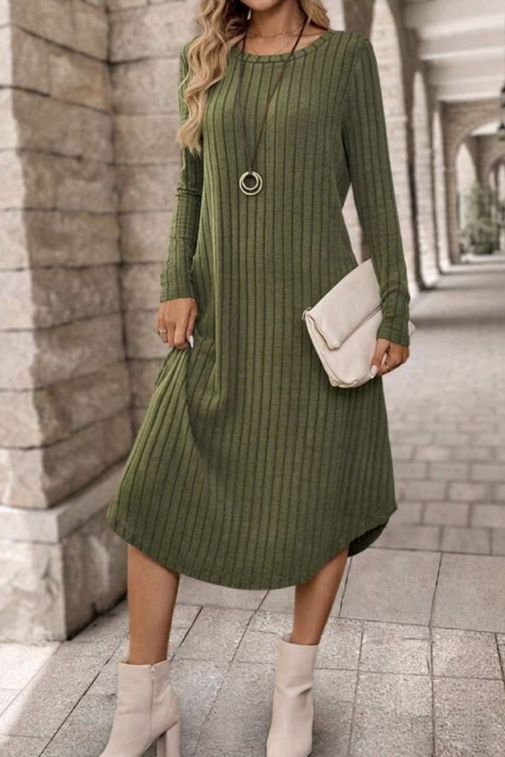 Outfit Flow - Ribbed Curved Hem Round Neck Long Sleeve Dress