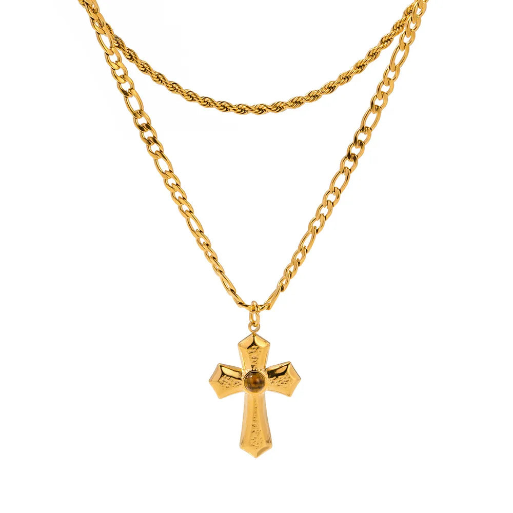 18K Gold-Plated Layered Cross Pendant Necklace OutfitFlow