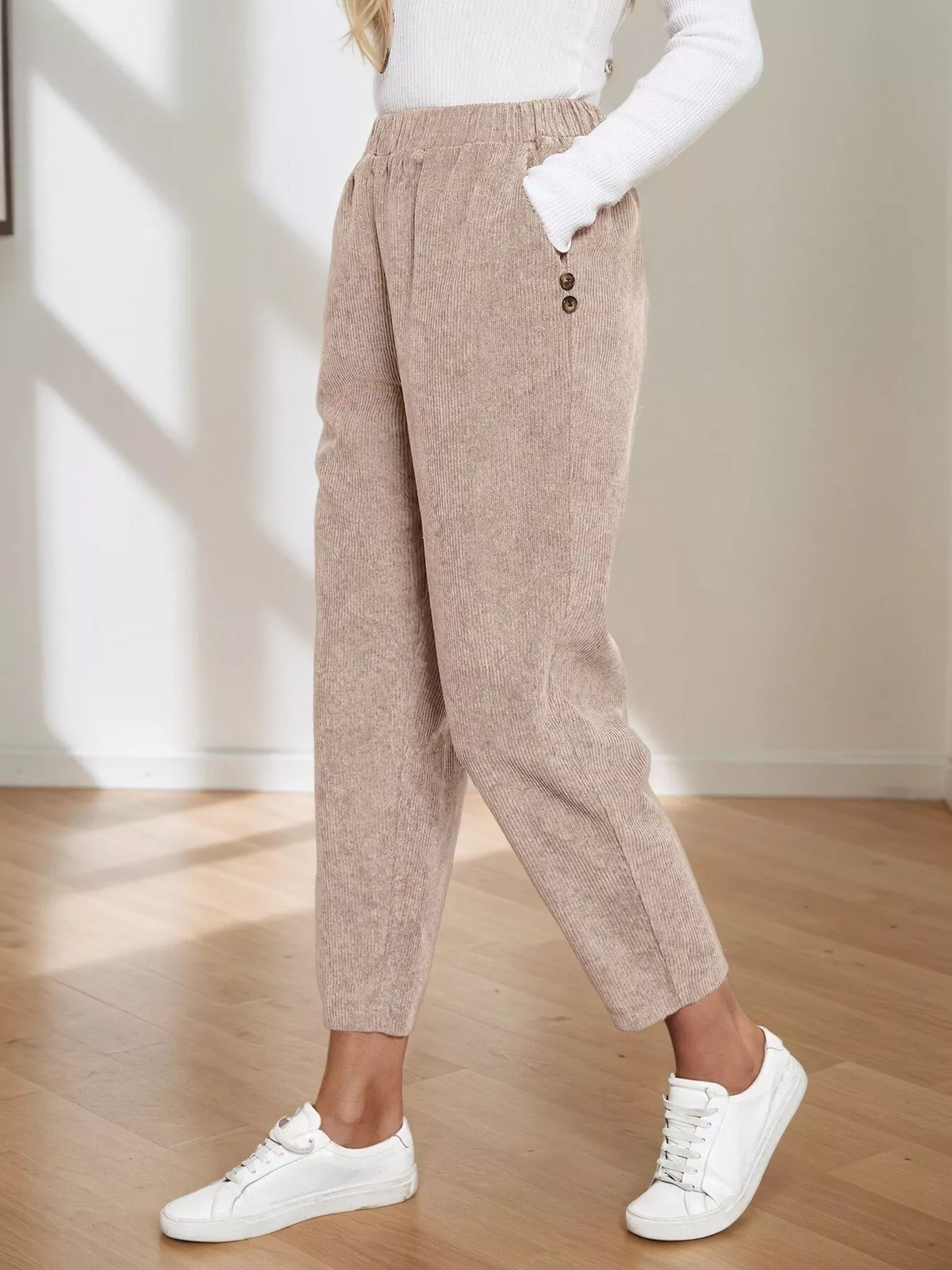 Corduroy Elastic Waist Cropped Pants Trendsi