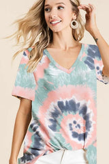 BiBi Tie Dye Print Terry V Neck Short Sleeve Top OutfitFlow