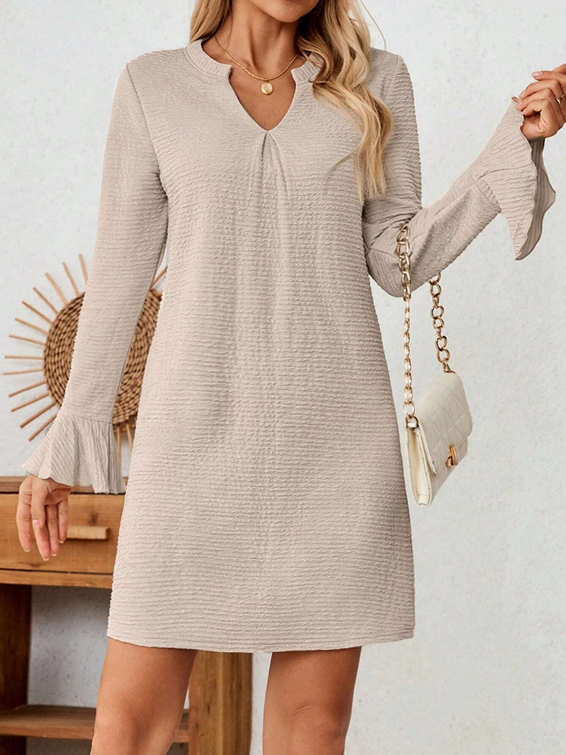 Notched Flare Sleeve Mini Dress OutfitFlow