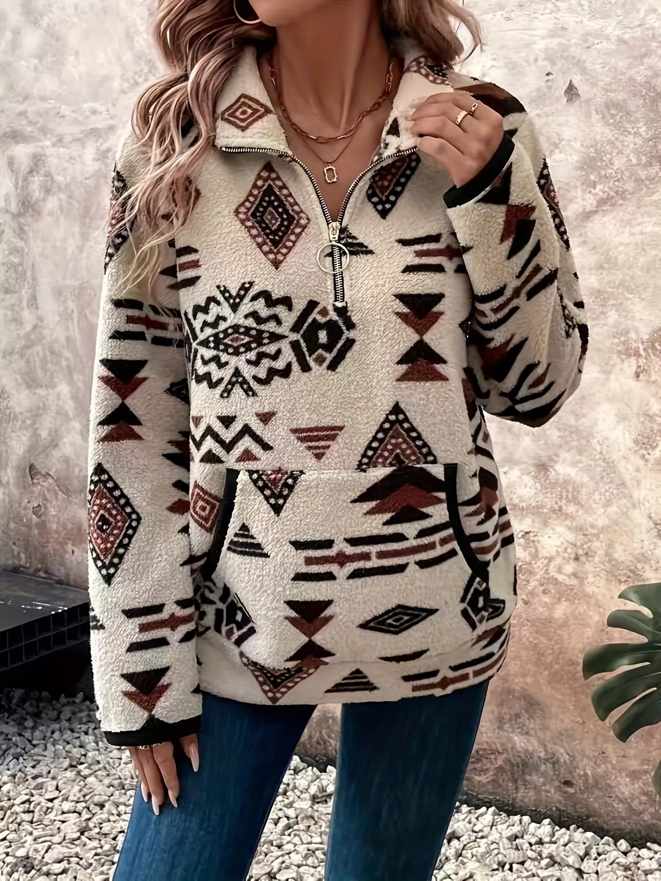 Geometric Half Zip Long Sleeve Sweatshirt OutfitFlow