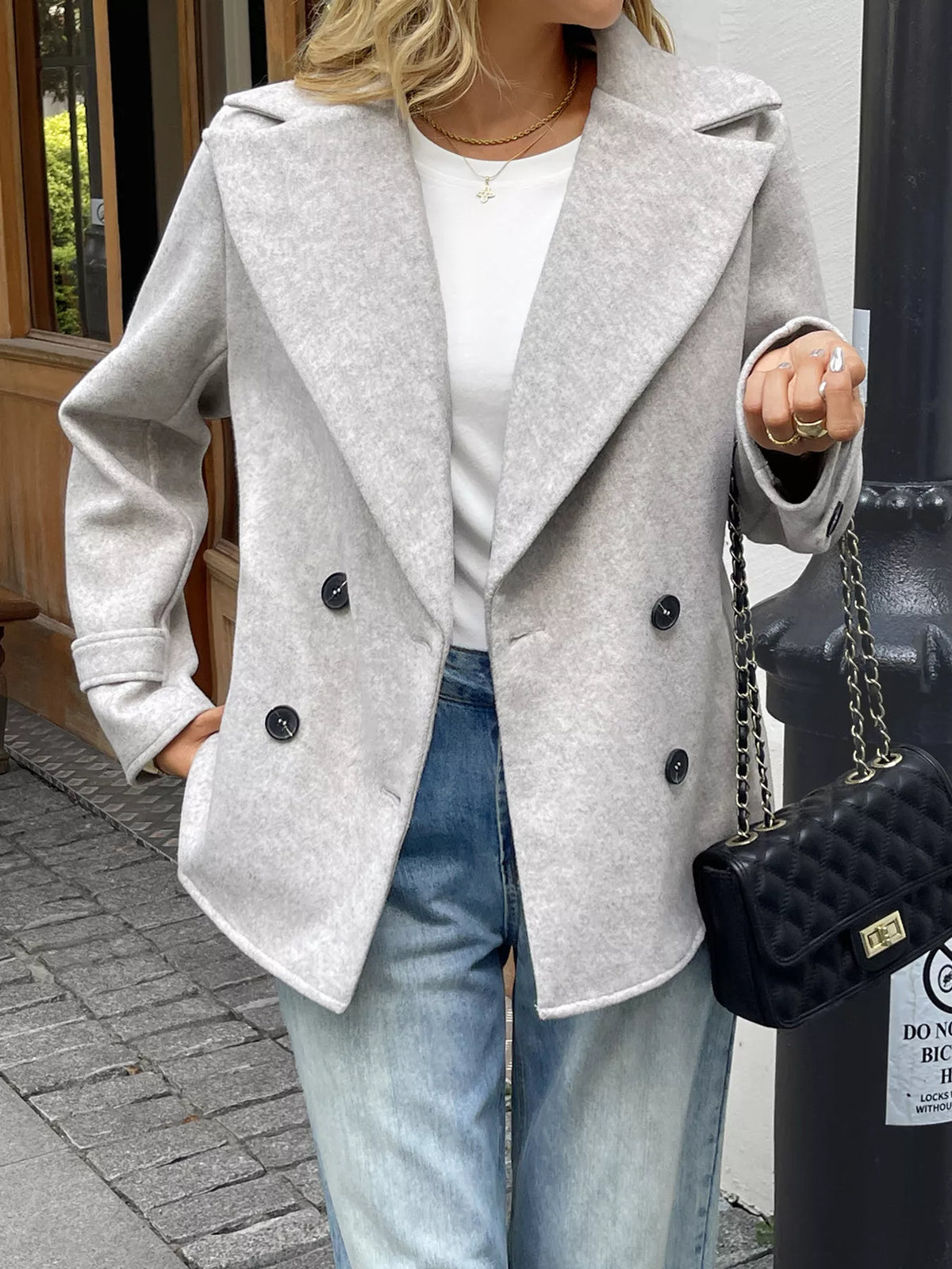 Wool Blend Double-Breasted Jacket Apricot OutfitFlow