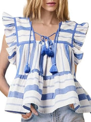 Tassel Ruffled Striped Blouse OutfitFlow