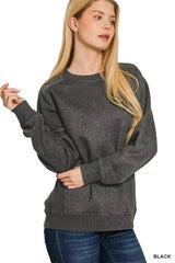 Zenana Acid Washed Fleece Sweatshirt with Side Rib BLACK Trendsi
