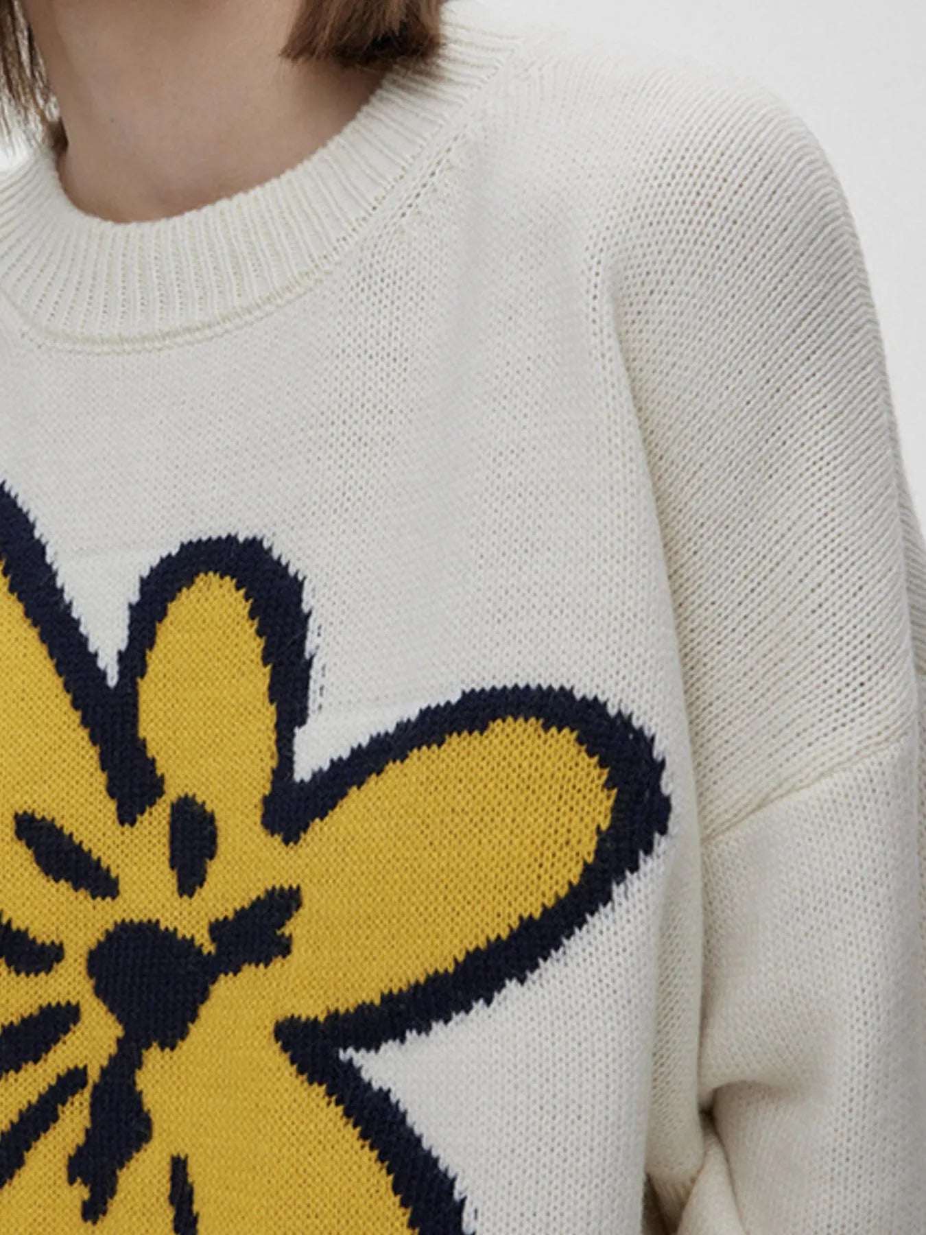 Flower Ribbed Hem Round Neck Sweater OutfitFlow