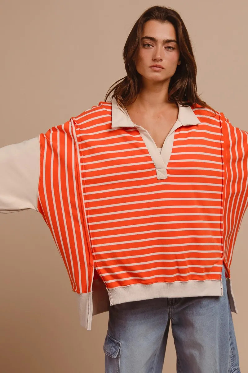 BiBi Stripe Knit Loose Fit Top With Cut Edge Detail OutfitFlow