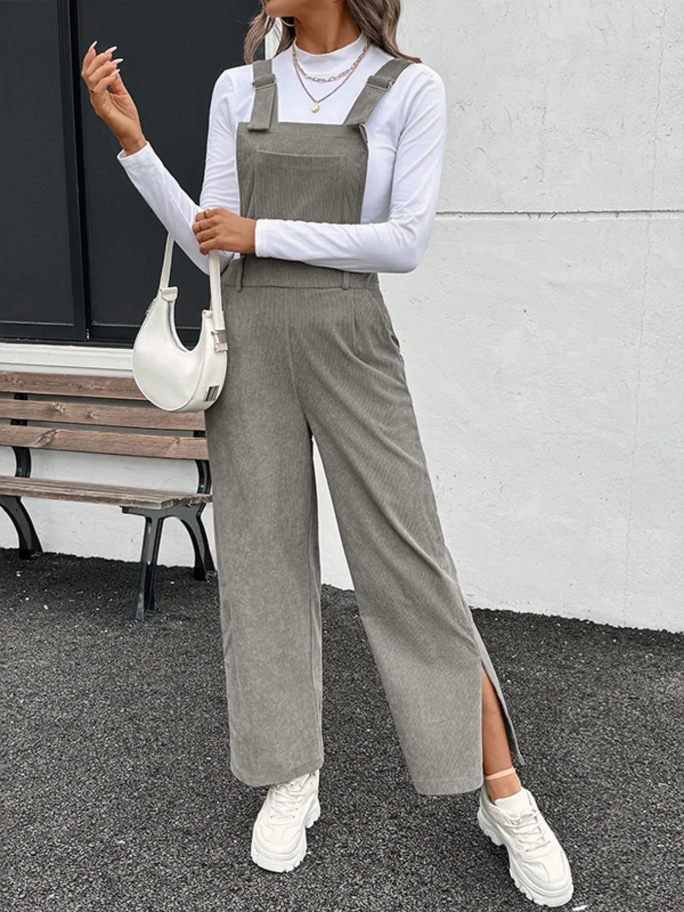 Slit Wide Leg Overalls with Pockets OutfitFlow