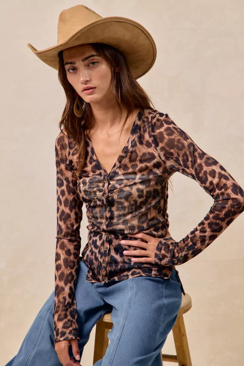 BiBi Leopard Printed Mesh Shirt With Button Up V Neck OutfitFlow