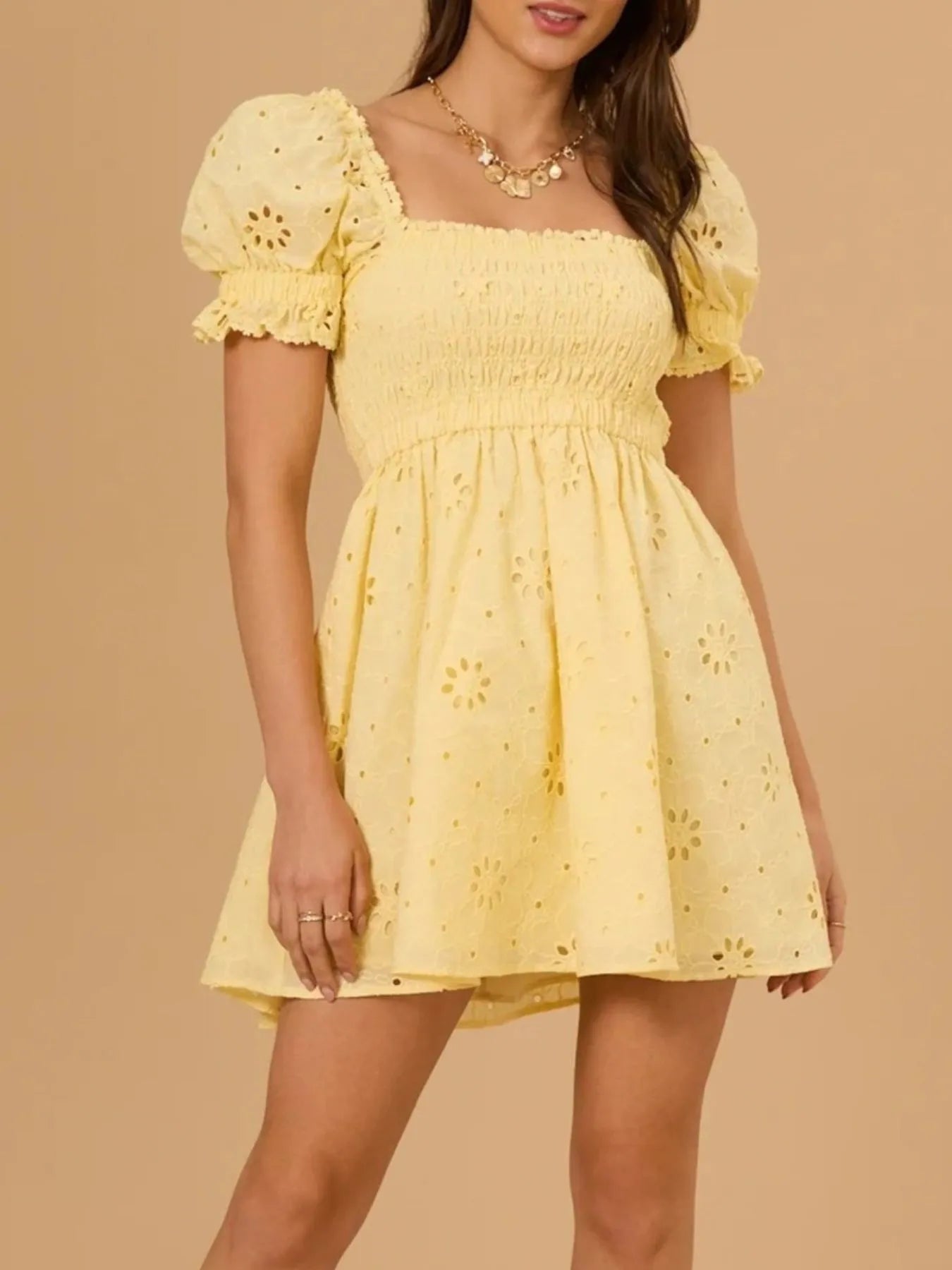Eyelet Puff Sleeve Smocked Mini Dress OutfitFlow