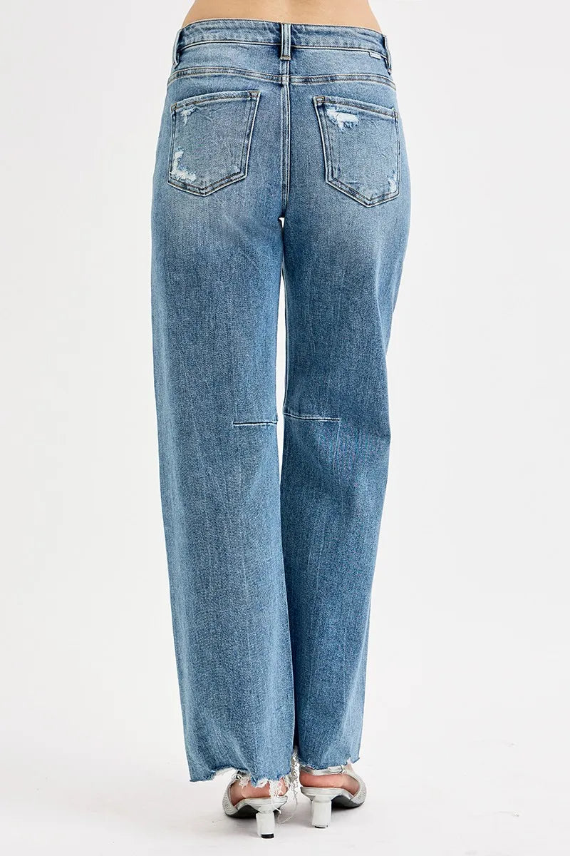 RISEN Full Size Mid Rise Fit Wide Baggy Leg Tie Washed Jeans Plus Size OutfitFlow