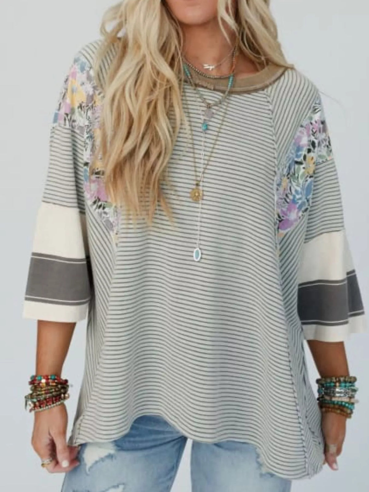 Striped Floral Long Sleeve T-Shirt Grey OutfitFlow