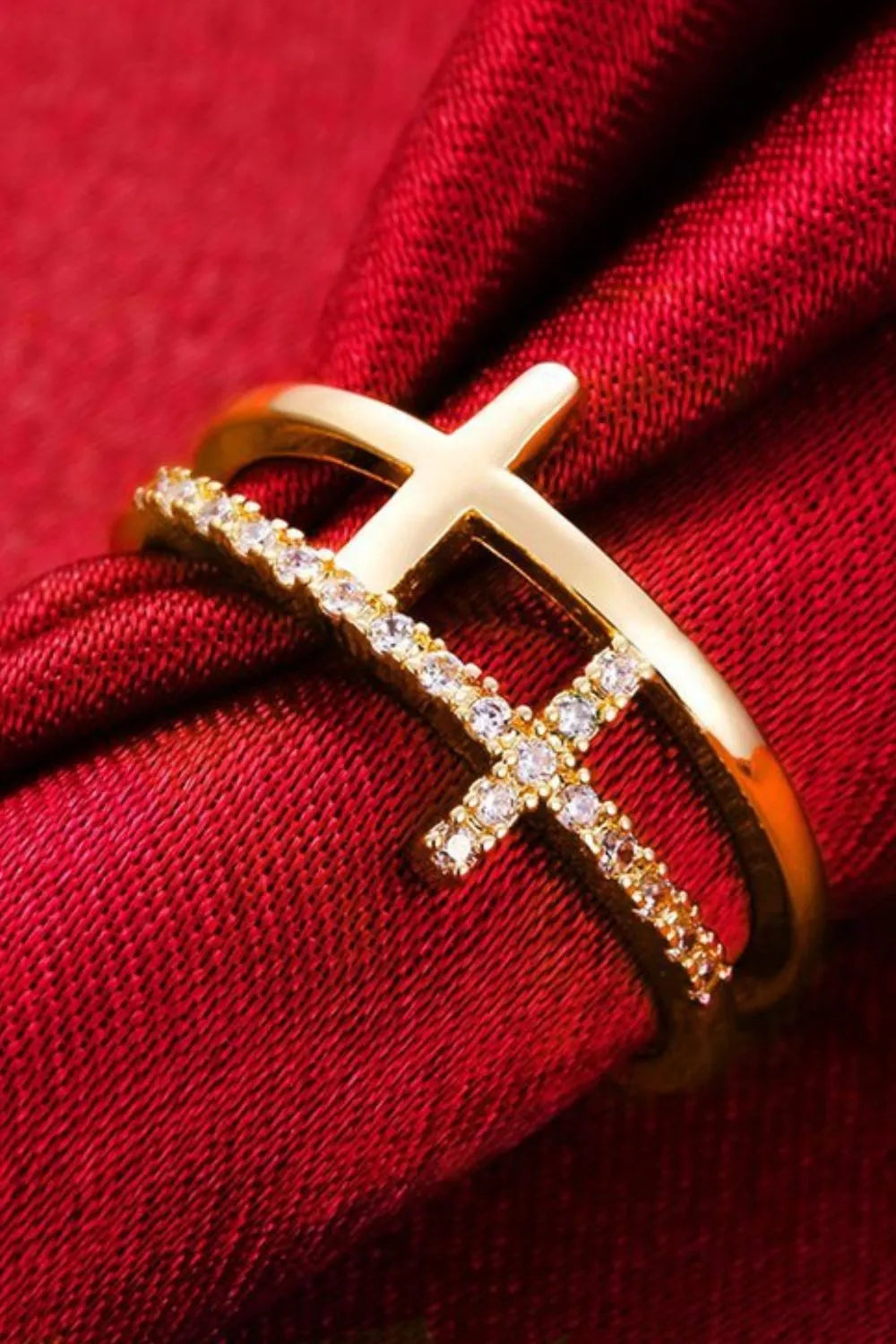 925 Sterling Silver Inland Zircon Cross Ring Rose Gold 7 OutfitFlow