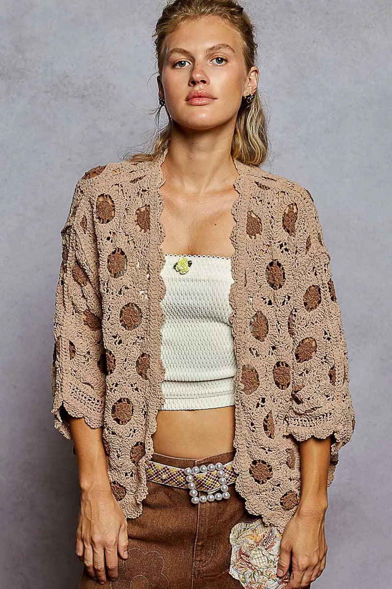 POL Openwork V-Neck Chenille Cardigan with Contrast Floral OutfitFlow