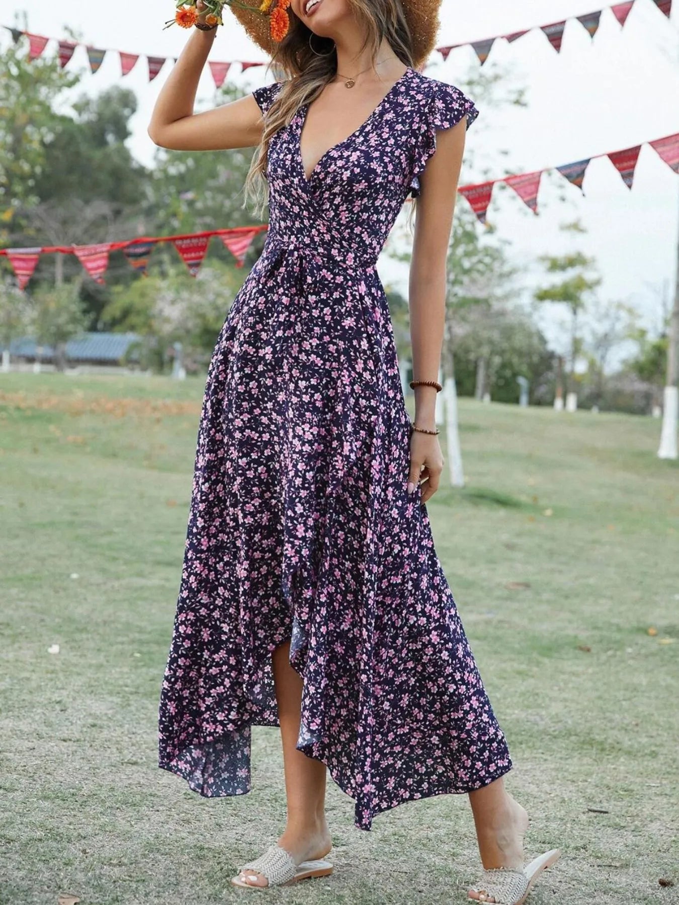 Printed Surplice Ruffle Sleeve Dress Navy Blue OutfitFlow
