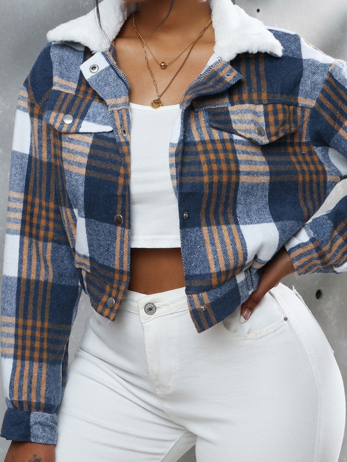 Outfit Flow - Plaid Snap Down Collared Neck Cropped Jacket