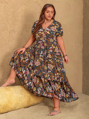 Plus Size V-Neck Short Sleeve Midi Dress OutfitFlow