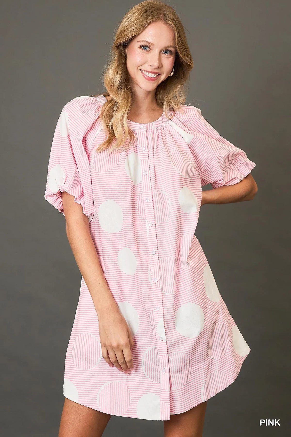 Umgee Stripe and Dot Print Button Down Puff Sleeve Mini Dress Pink Trendsi