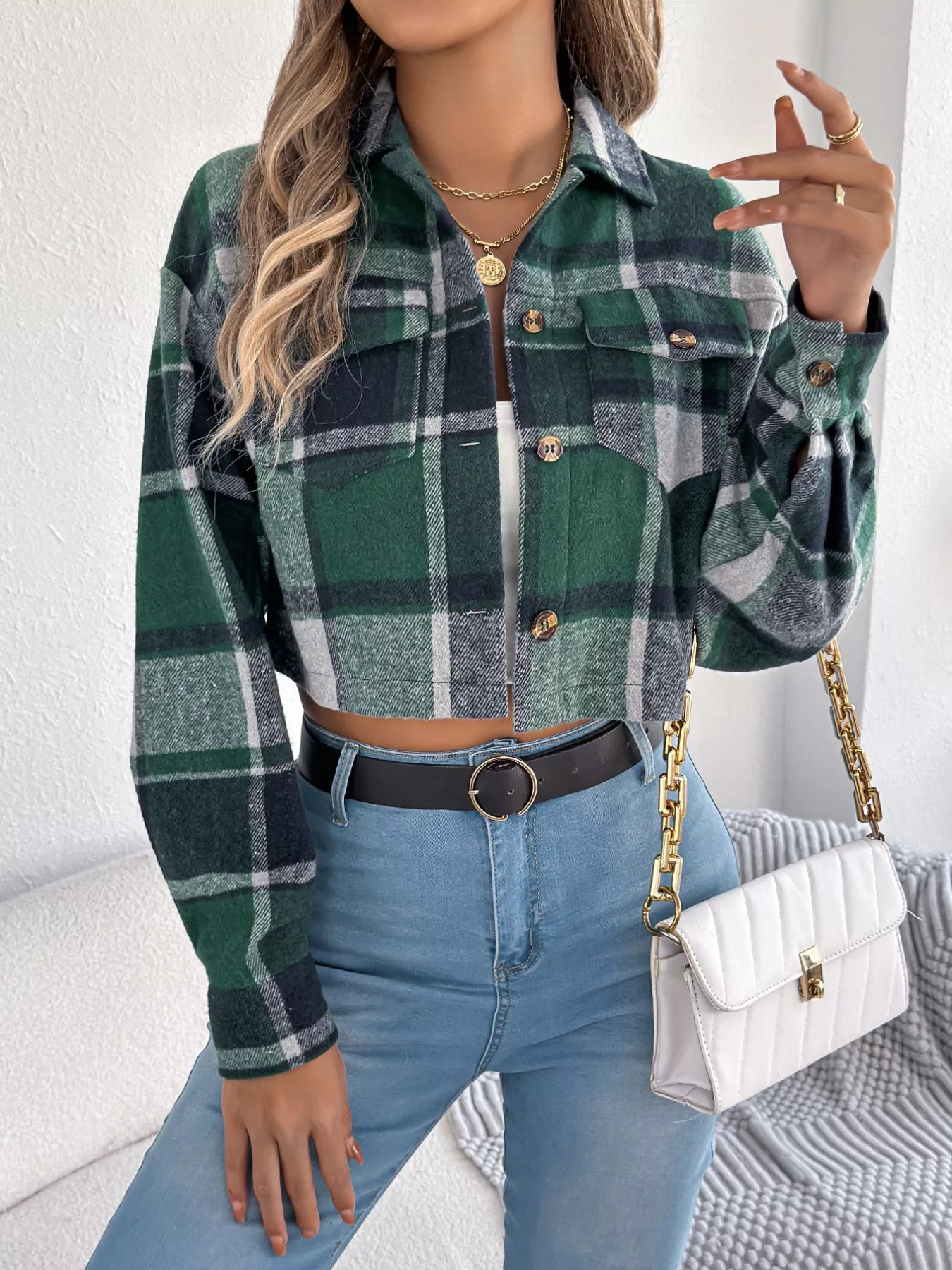 Plaid Button Up Cropped Jacket Trendsi