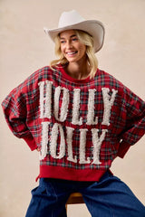BiBi Holly Jolly Christmas Plaid Oversized Sweatshirt OutfitFlow