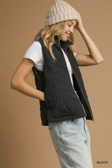 Umgee Quilted Floral Zip Up Vest with Pockets OutfitFlow