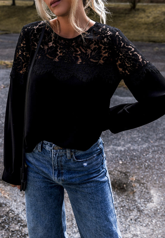 Lace Detail Round Neck Long Sleeve Blouse Outfit Flow