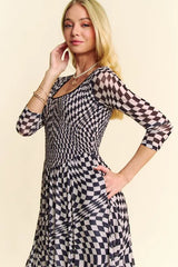 Davi & Dani Printed Checker Mesh Flowy Maxi Dress OutfitFlow