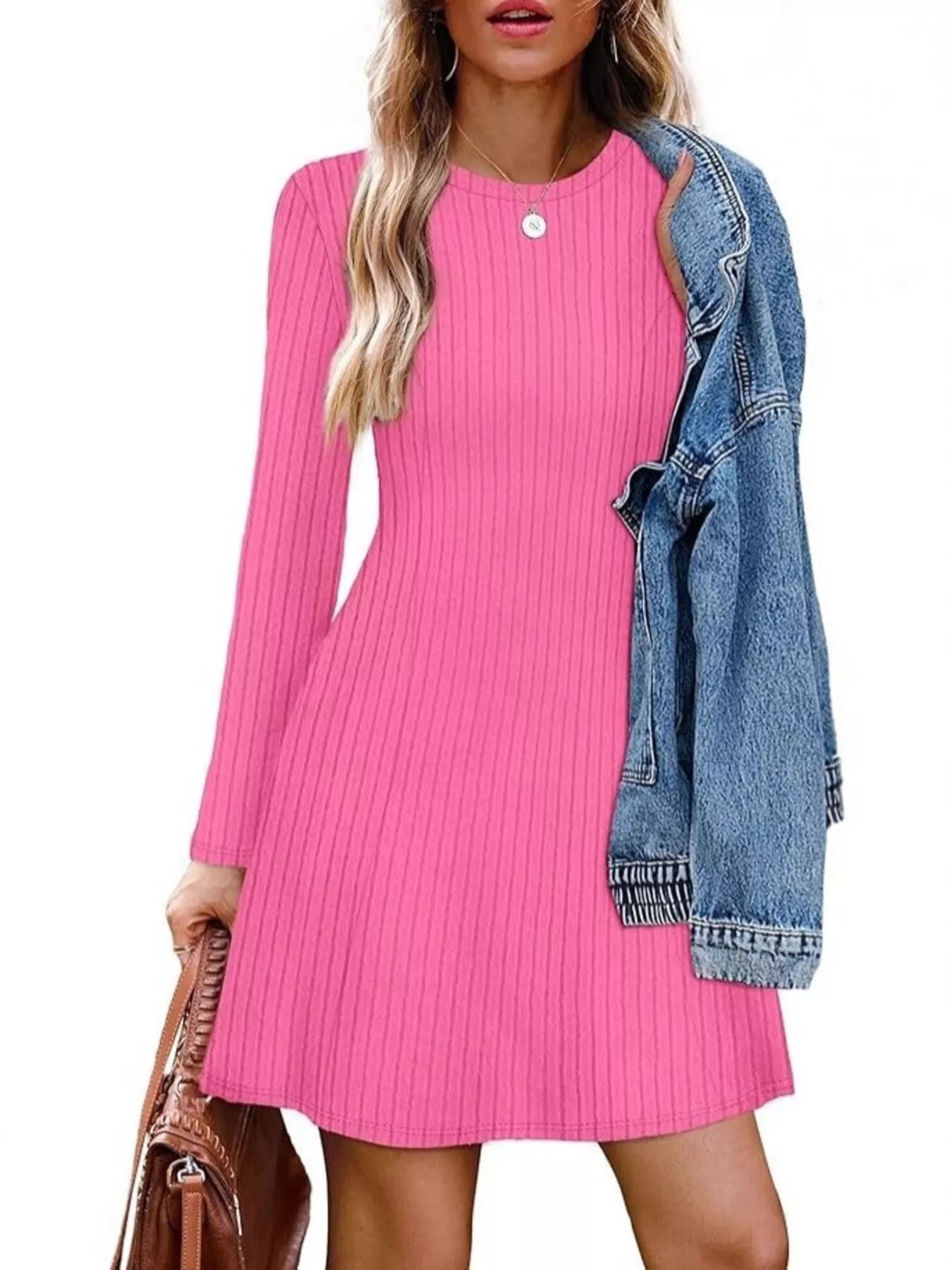 Ribbed Knit Long Sleeve A-Line Dress Trendsi
