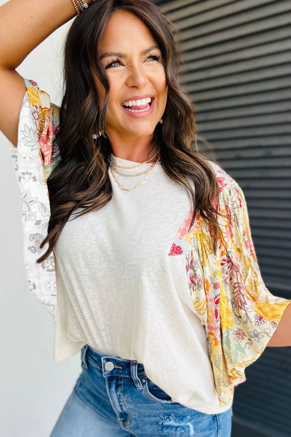 Printed Round Neck Flutter Sleeve Blouse