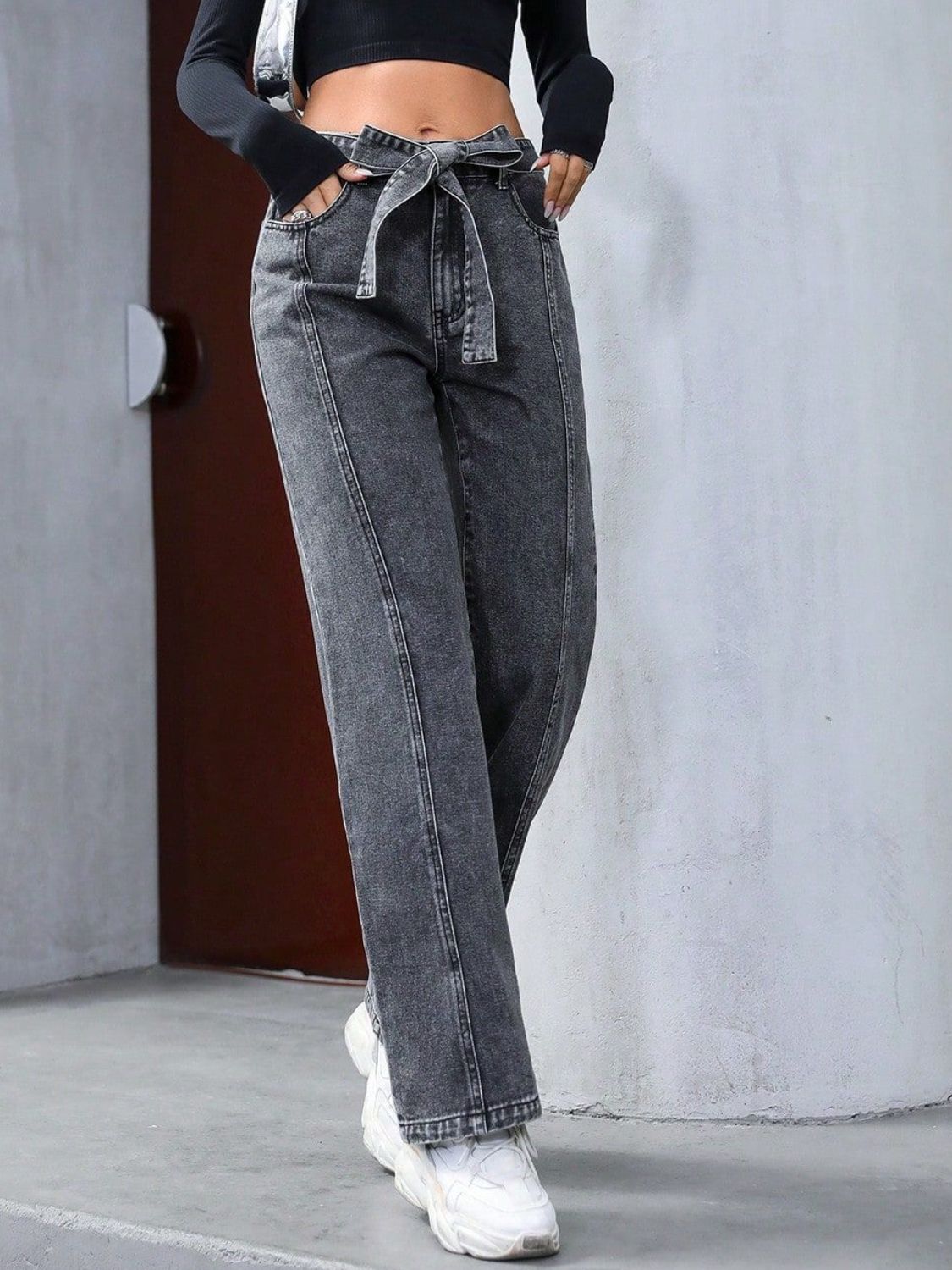 Tied Straight Leg Jeans with Pockets