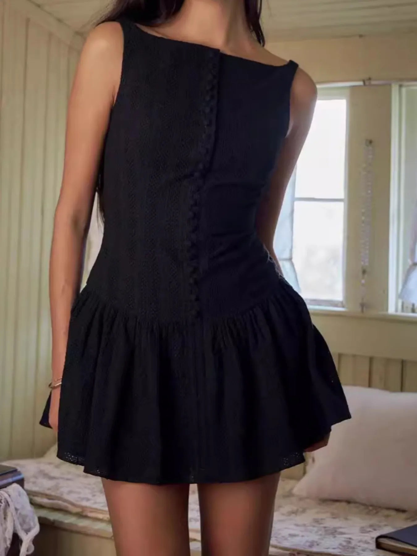 Lace Detail Sleeveless Mini Dress Black OutfitFlow