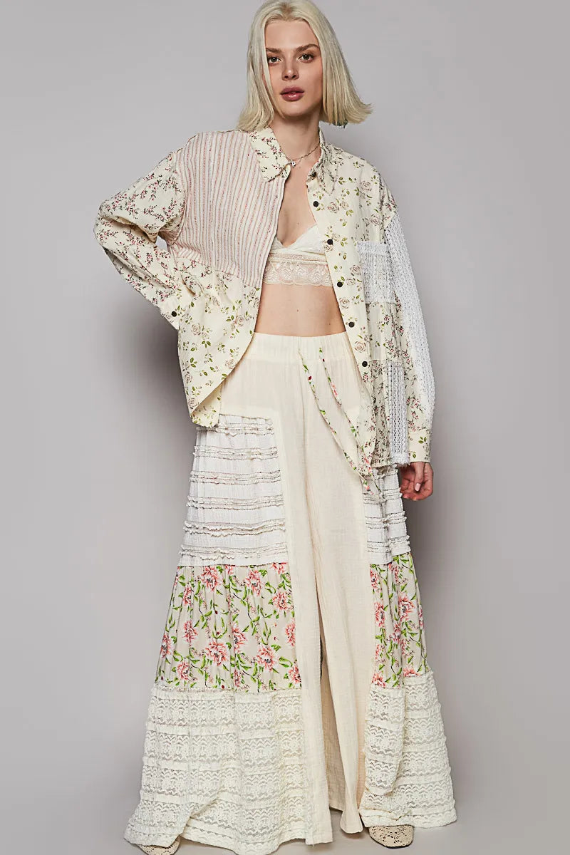 POL Lace Patchwork Floral Button-Up Shirt OutfitFlow
