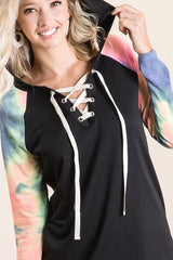 BiBi French Terry Lace Up Hoodie With Tie Dye Sleeves Trendsi