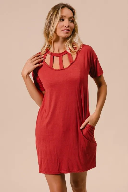 BiBi Front Cutout Mini Tee Dress with Pockets OutfitFlow