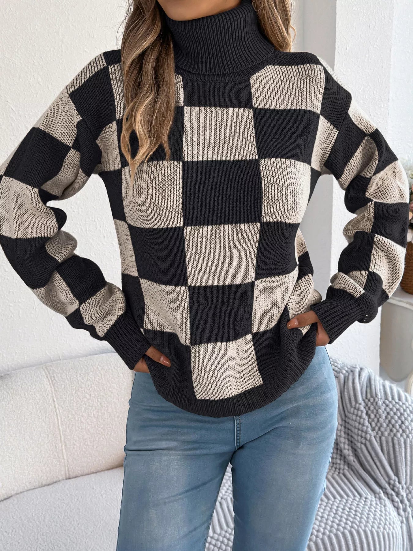 Checkered Turtleneck Long Sleeve Sweater OutfitFlow