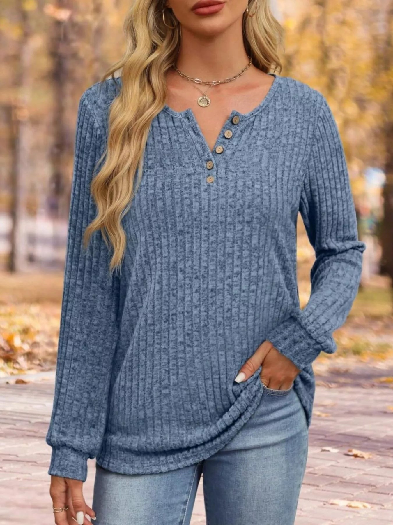 Ribbed Knit Button-Front Long Sleeve T-Shirt OutfitFlow