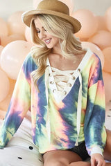 BiBi Tie Dye Deep V-Neck Top with Lace Up Front OutfitFlow
