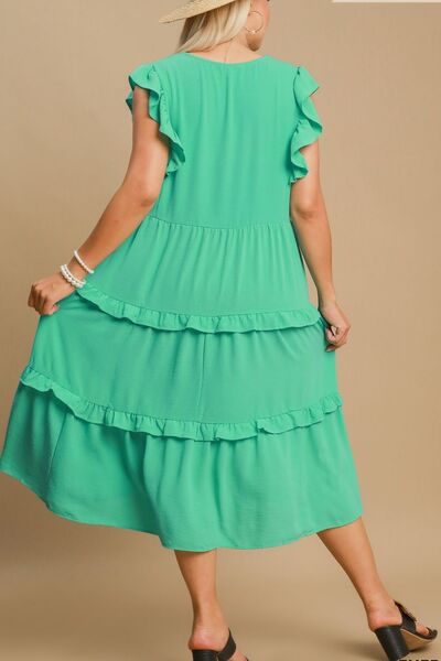 Umgee Full Size Ruffle Tiered Cap Sleeve Midi Dress Plus Size OutfitFlow